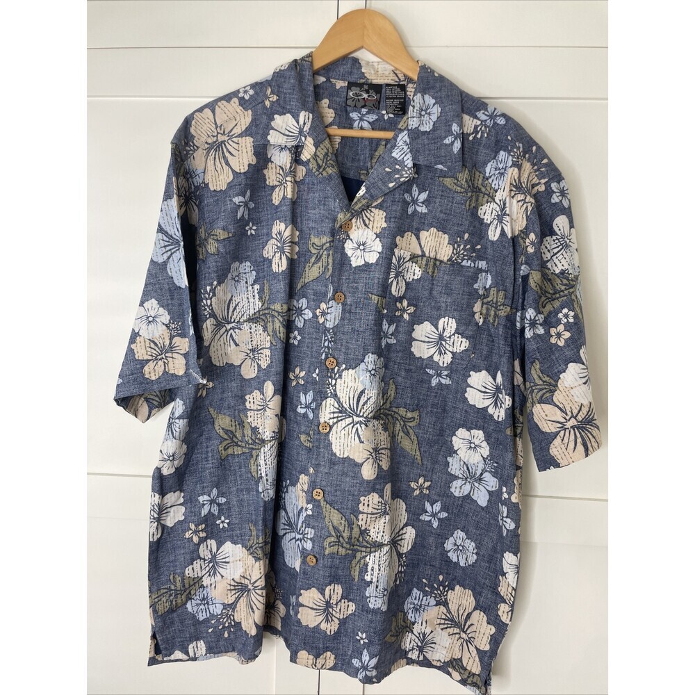 OP Ocean Pacific Hawaiian Shirt Mens XL Blue Hibiscus Flower Aloha Tropical